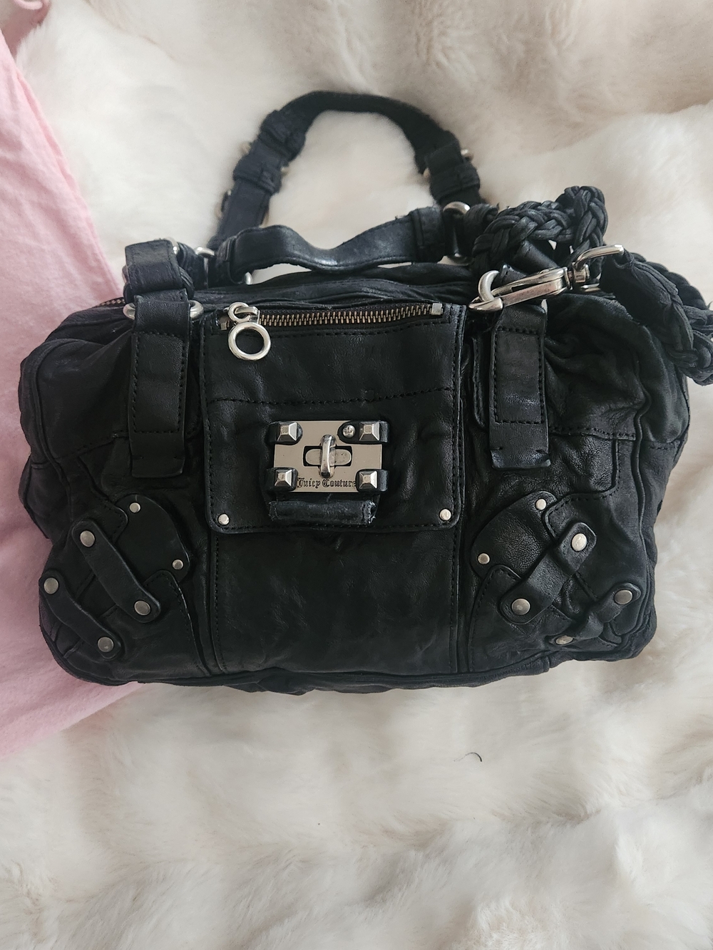 Juicy Couture Black Leather Braided-Handle Satchel with Silver Hardware